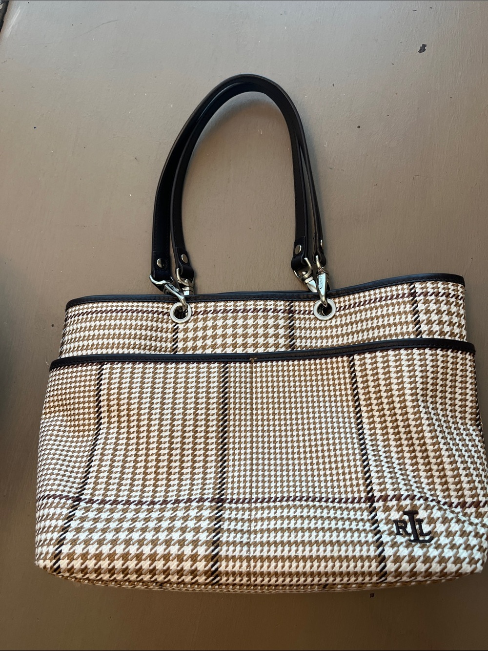 Ralph Lauren Brown and Cream Houndstooth Tote 10x8